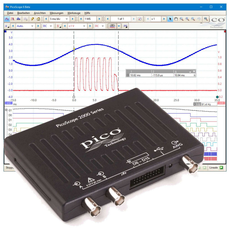 PicoScope 2207B MSO - 70MHz 2+16 channel mixed-signal oscilloscope